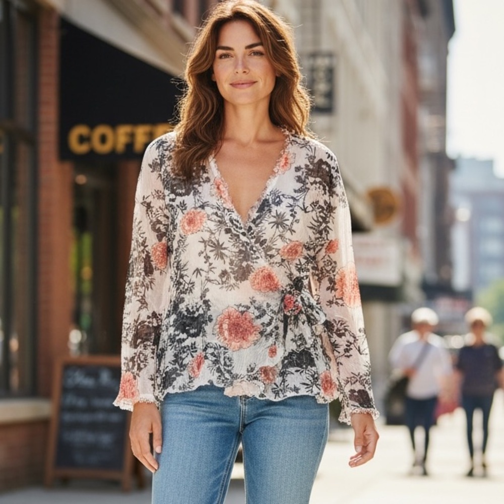 ✨ Vintage CACHE Sheer Floral Wrap Top size L